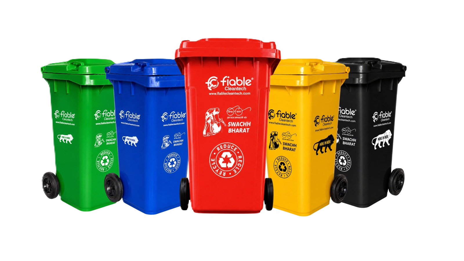Green, blue, yellow and grey premium wheeled plastic dustbins manufactured by Fiable Cleantech