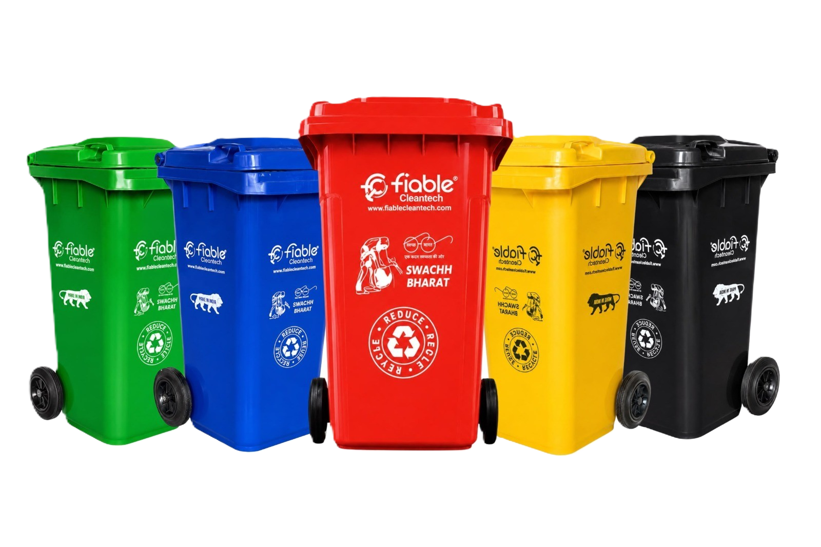 Green, blue, yellow and grey premium wheeled plastic dustbins manufactured by Fiable Cleantech